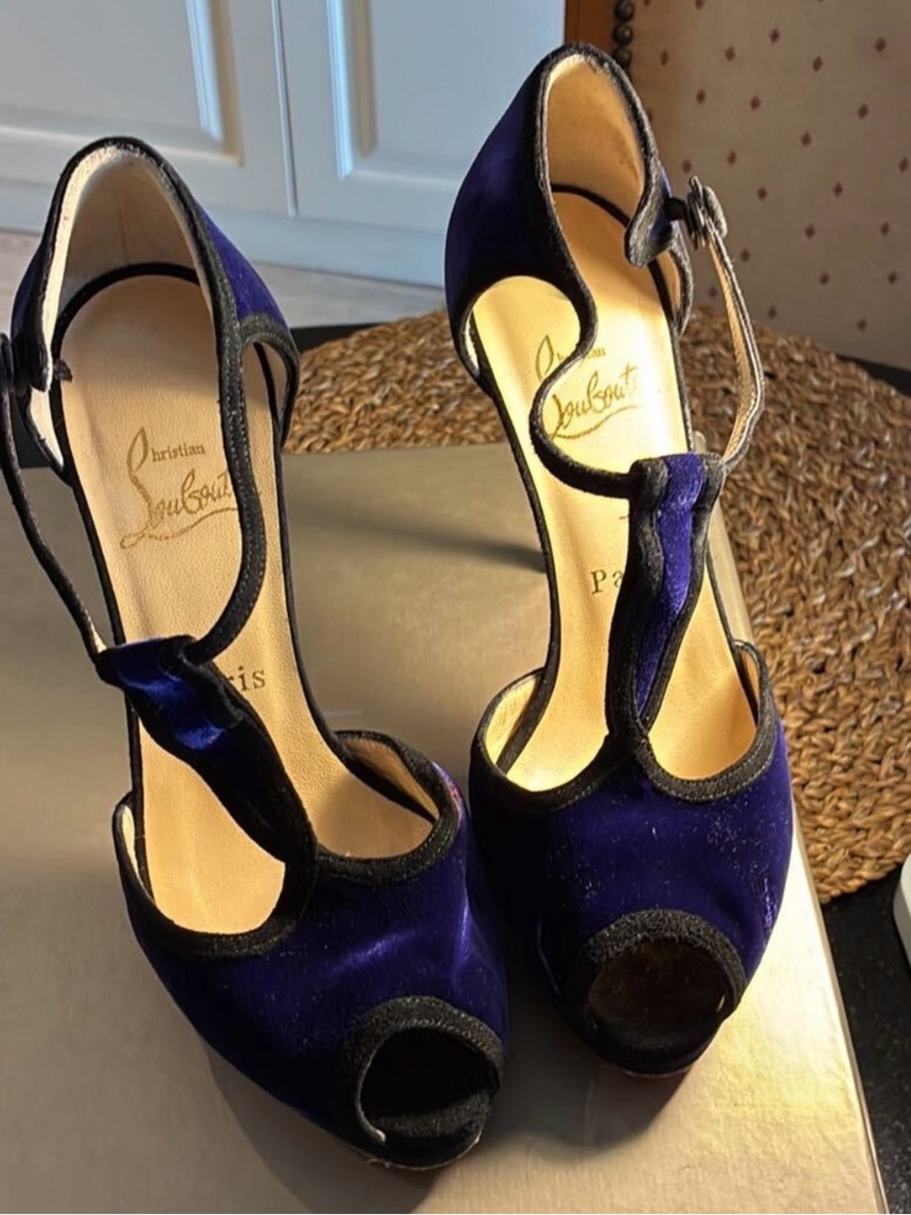 Christian Louboutin Blue Velvet T-Strap Peep Toe Platform Pumps – Size 35.5